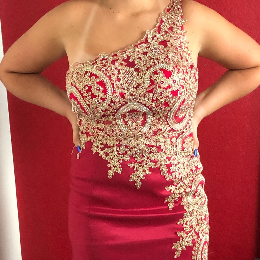 Red and gold 1 shoulder mermaid prom dress